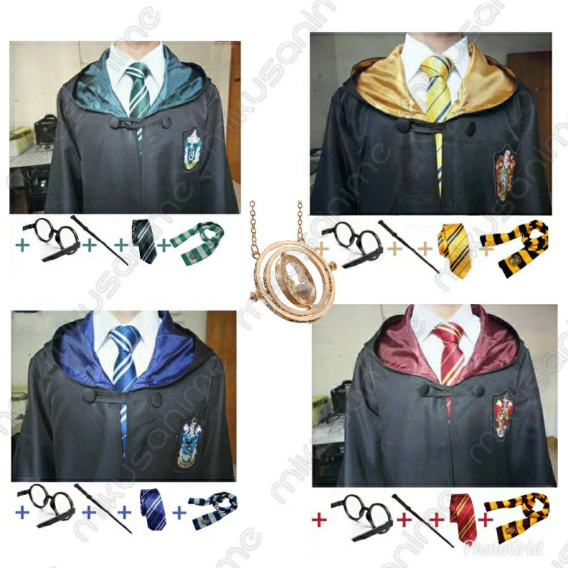 Disfraz Harry Potter varita, capa, corbata, bufanda, gafas, colgante giratiempos