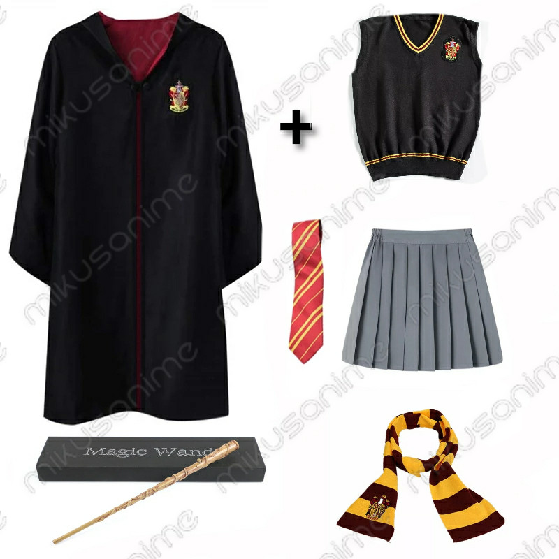 Disfraz Hermione capa + corbata + falda + chaleco + varita iluminación